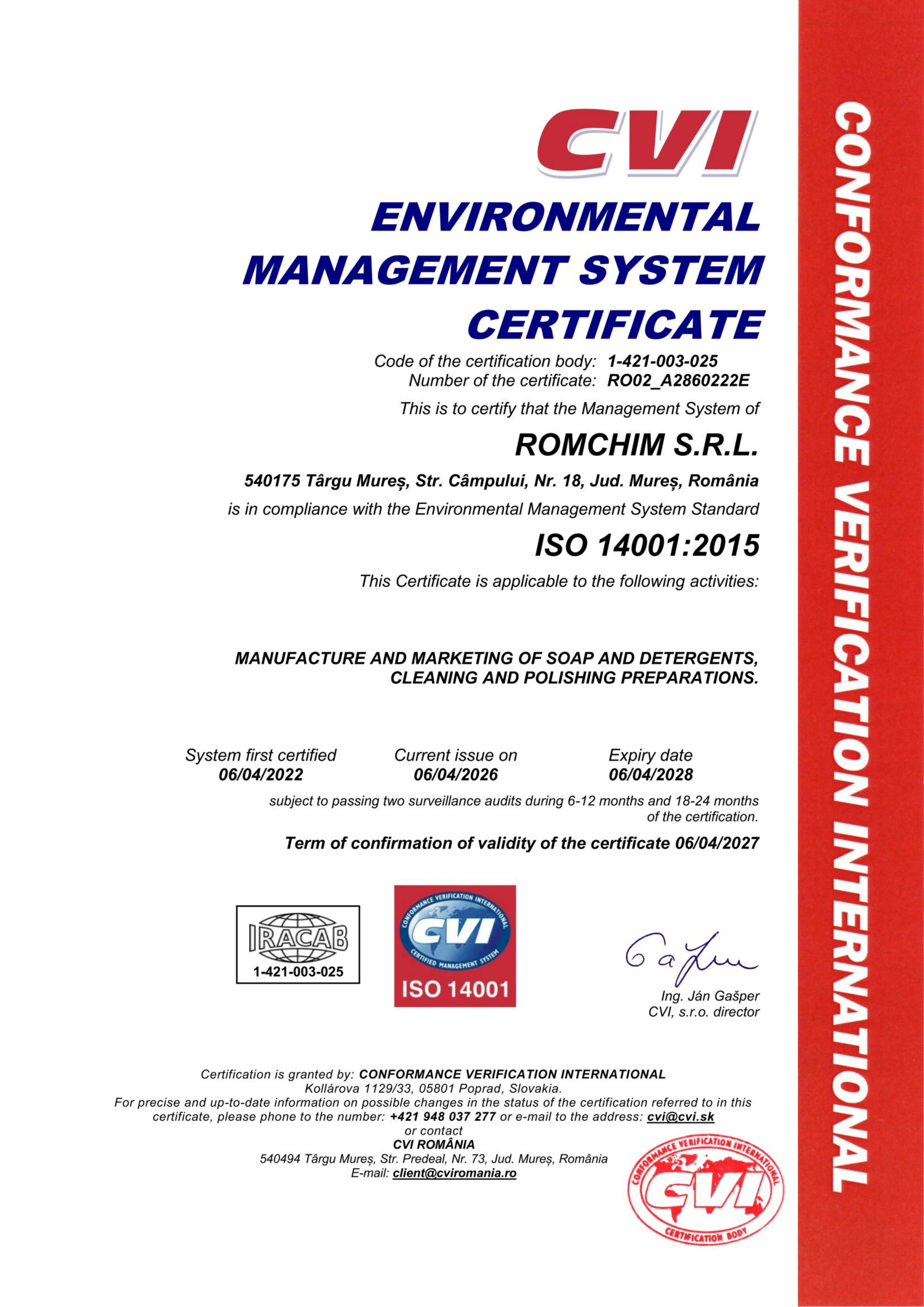 Certificat ISO 14001 EN